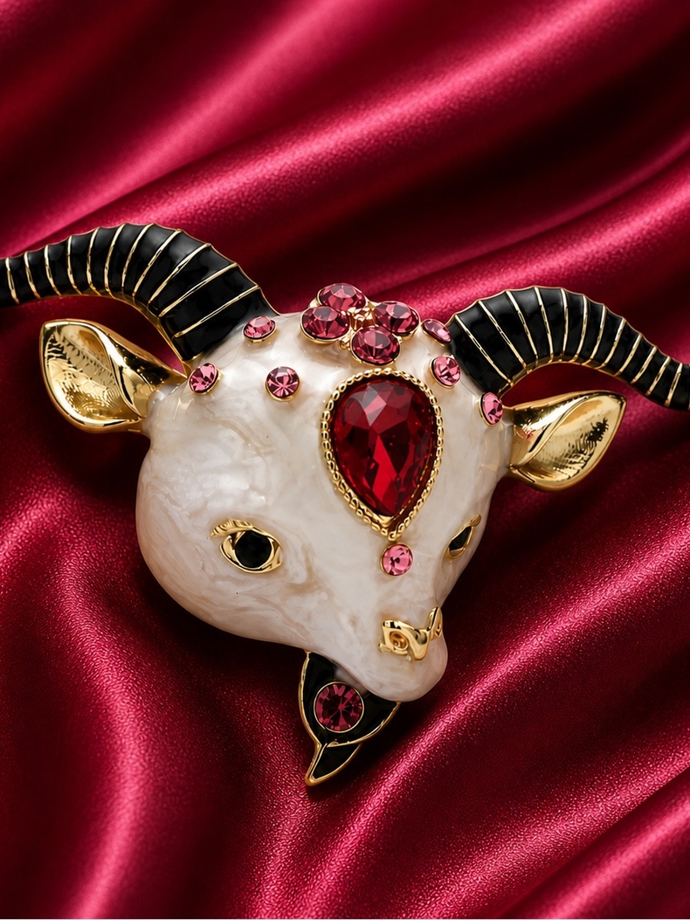 Luxury Ram Goat Head Red Ruby Crystal Brooch